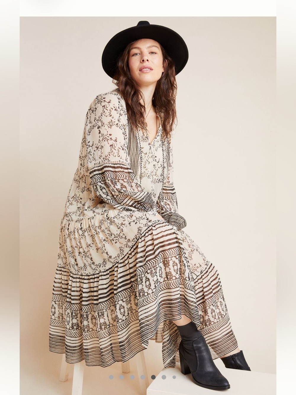 NWOT Anthropologie Tiered Midi Dress in Cream and Black Botanical Print - Picture 2 of 6